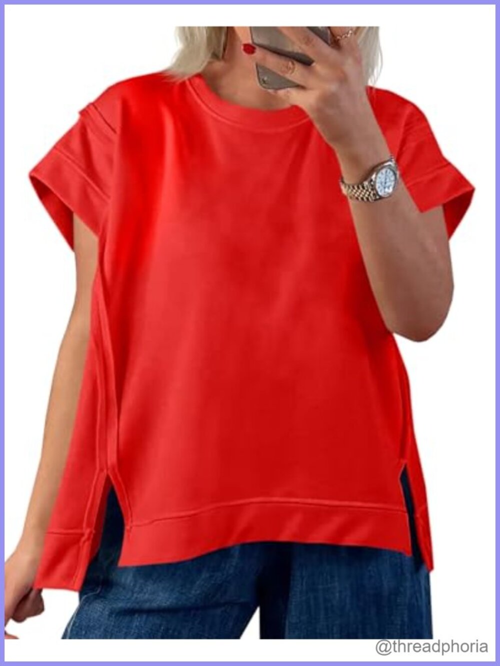 Oversized Cap Sleeve T-Shirt Side Slit Loose Fit Summer Tee